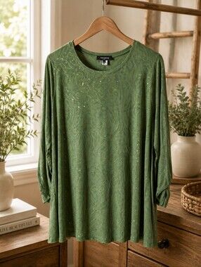 Embellished Olive Green Long-Sleeve Women's Tee
